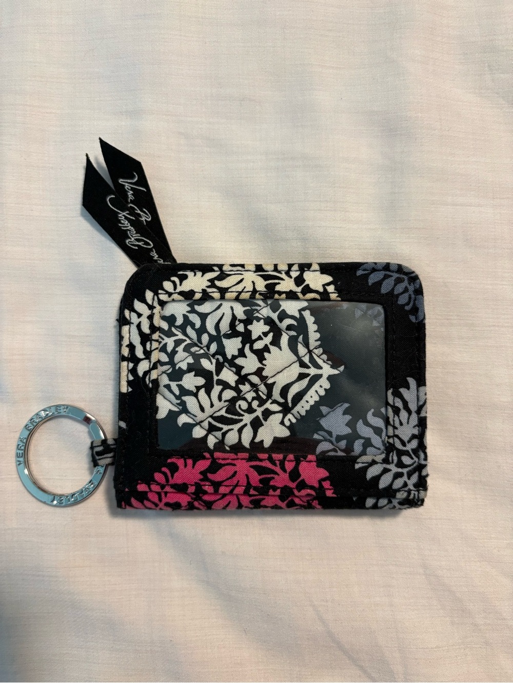 Vera Bradley Black Floral ID Wallet with Pink Accent and Key Ring